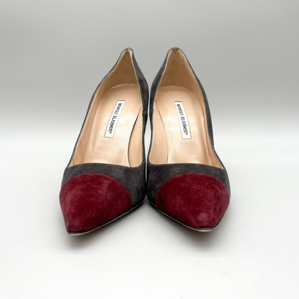 Manolo Blahnik Womens 40.5 BB Bipunta Pumps Grey Burgundy Suede Pointed Toe Heel